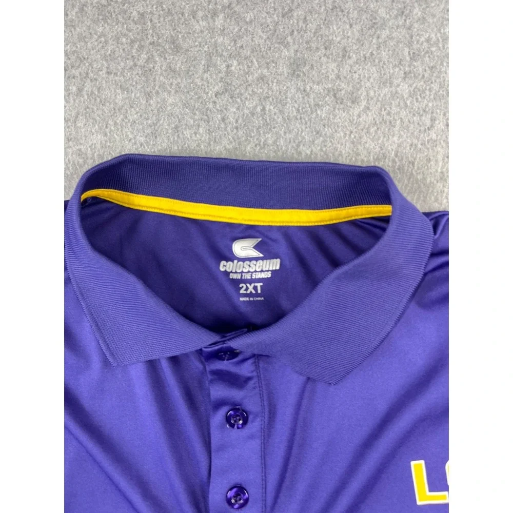 LSU Tigers Polo Shirt Mens 2XT Purple Short Sleeve Colosseum Short Sleeve